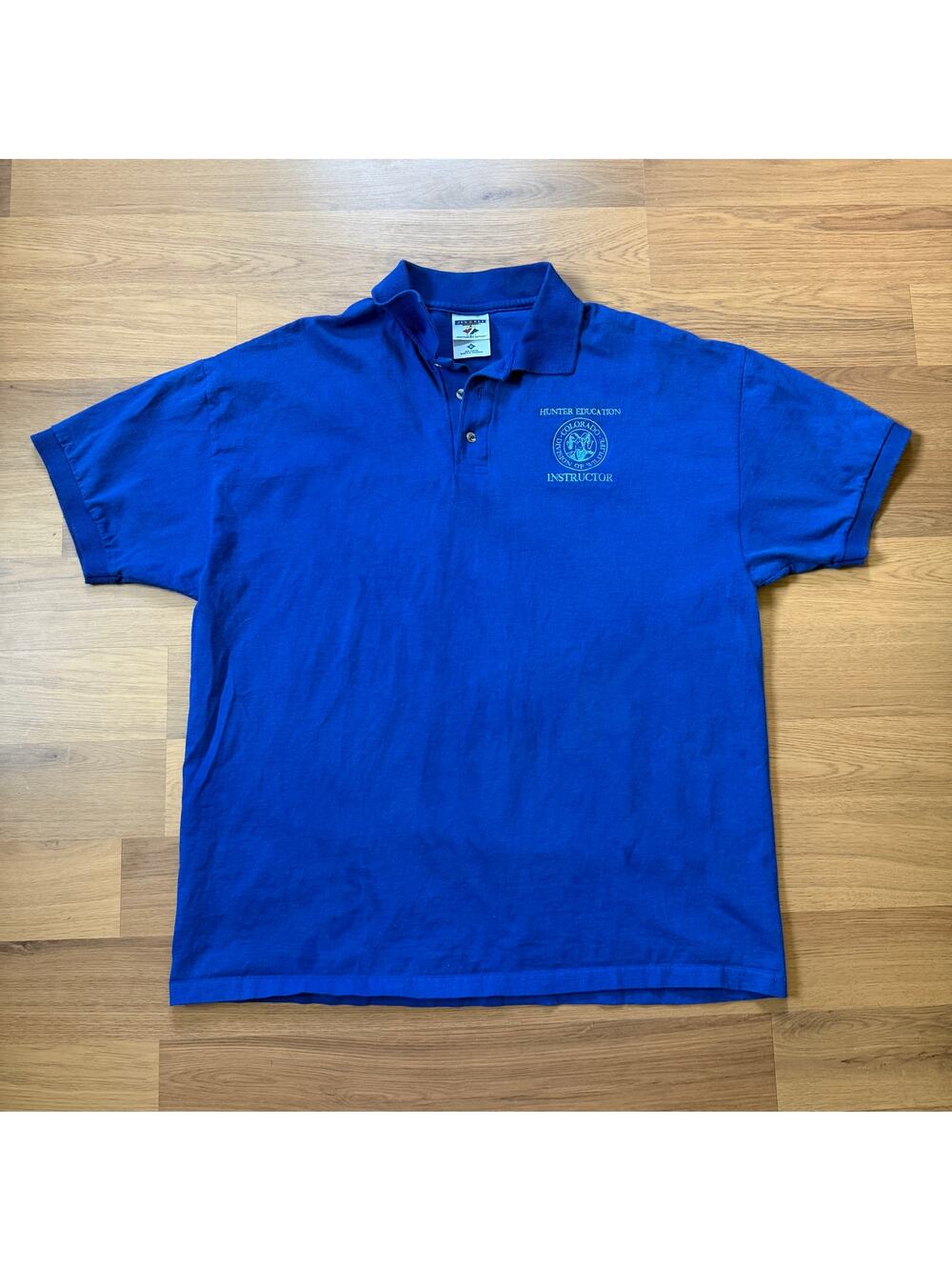 Men's Vintage Colorado Wildlife Hunter Education Instructor Blue Polo Shirt XL